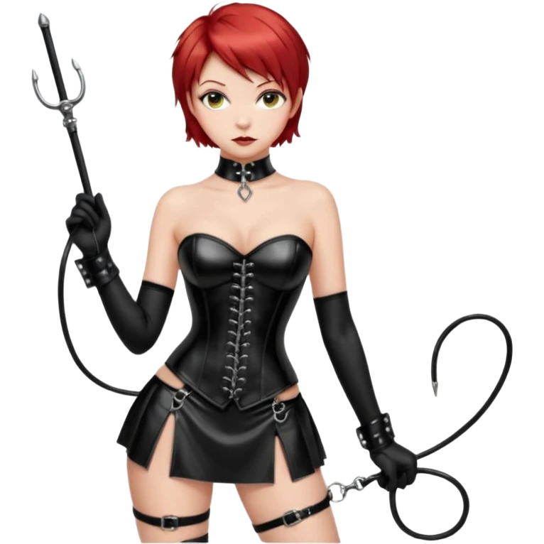 mistress, dominant girl, short red hair, serious look, shiny black leather corset, latex miniskirt, whip in hand, long black gloves, black hold-ups, high heels, slave with collar and leash tied to the girl's hand emoji