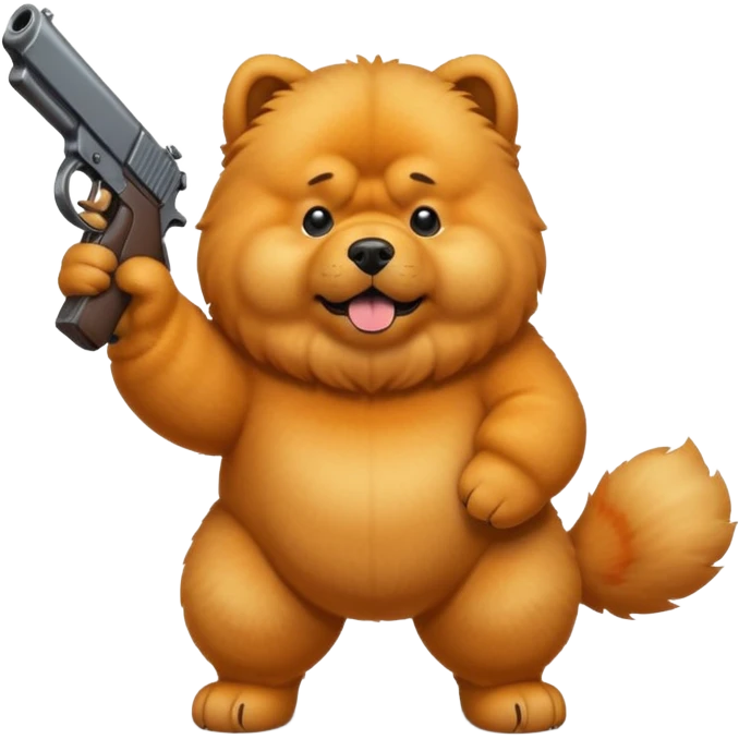 Funny cartoon-style chow chow dog standing on its hind legs and holding a gun menacingly emoji