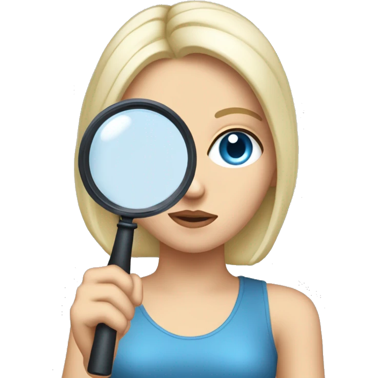 white girl with black hair and blue eyes holding a magnifying glass and suspisouce look emoji