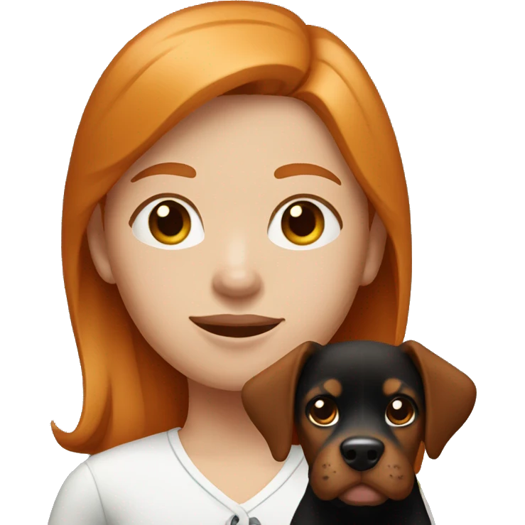 a ginger girl holding a black and brown dog with white mark above his nose emoji