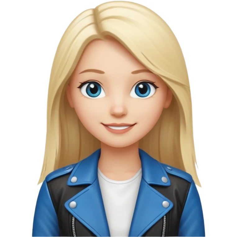 A white girl with long straight blonde hair, blue eyes and a white dress with a smiling black jacket emoji
