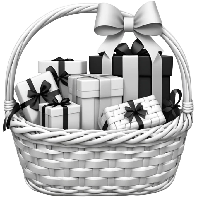  white small gift basket with small gifts inside and the gift basket color white and black emoji