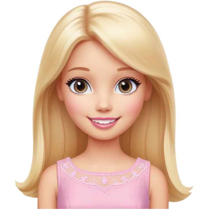 A cheerful Barbie-like girl with long, straight blonde hair, a warm smile, and a delicate pink dress, set against a soft pastel background emoji