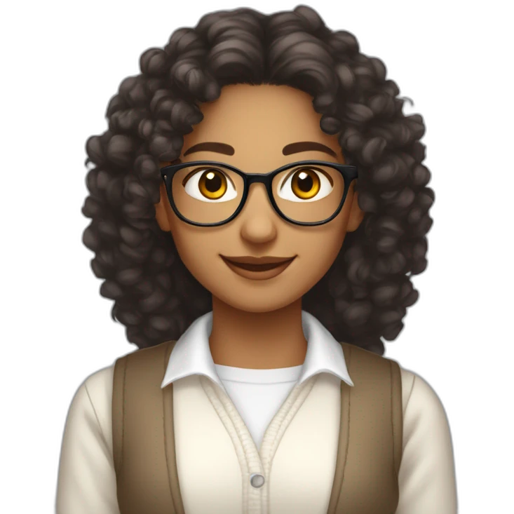 smiling indian teenage girl with curly hair and glasses wearing a collared long sleeve white shirt under a white sweatervest emoji