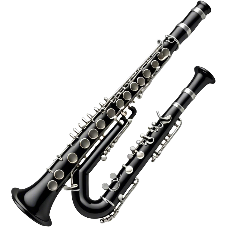 Create an emoji, representing a black standard clarinet. The design should feature a smooth, glossy black body of the clarinet with shiny, silver keys clearly visible. Highlight the intricate details of the mouthpiece and reed at the top, while the body of the instrument should remain simple and elegant. Add subtle musical notes or soundwaves floating around the instrument to symbolize its clear, melodic sound. Use black for the body, silver for the keys, and soft lighting effects to give the instrument a polished, sophisticated look. The background should be transparent. emoji