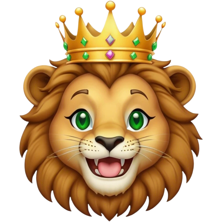 Lion with a crown and makeup and green eyes laughing  emoji