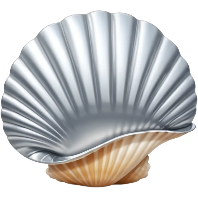 A seashell emoji made of polished silver chrome, smooth curved surface, reflective metallic highlights, elegant minimal design, iOS emoji style, centered, clean white background, soft lighting emoji