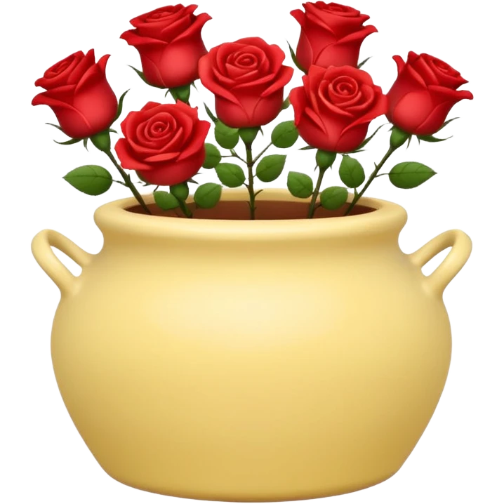 Pastel yellow ceramic pot, short and cylindrical, with red roses. emoji