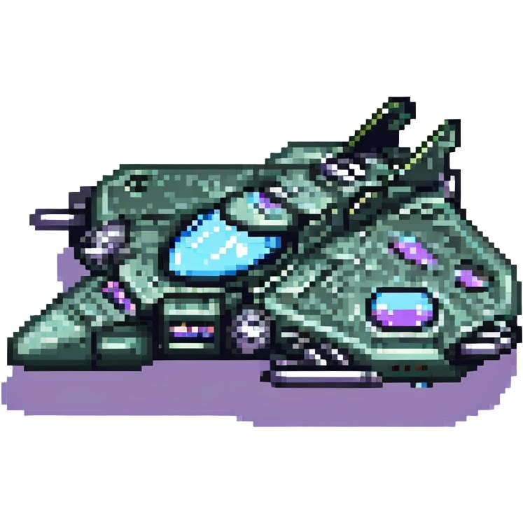 A pixel art style space cruiser with a steampunk aesthetic, metallic textures, and intricate mechanical details. emoji