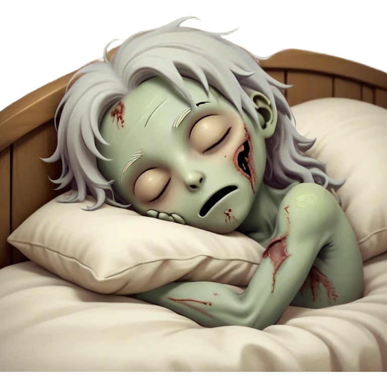 Meme-Worthy Cute Sleeping Zombie Portrait Emoji, with a delightfully quirky, slightly disheveled decaying face in soft ashen hues, head tilted back in peaceful, relaxed sleep with softly closed eyes and a tiny, endearing smile, simplified yet irresistibly charming, highly detailed with a soft eerie glowing outline that captures the gentle, unexpected cuteness of a zombie in serene repose! emoji