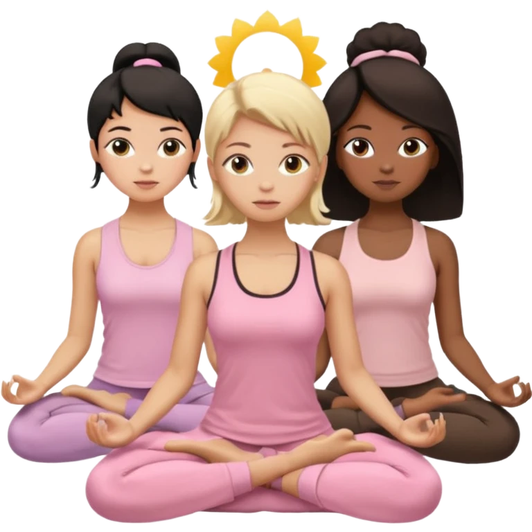 a blond, a brunette, a black haired girl and a black girl meditating dressing with pastel pink and brown clothes emoji
