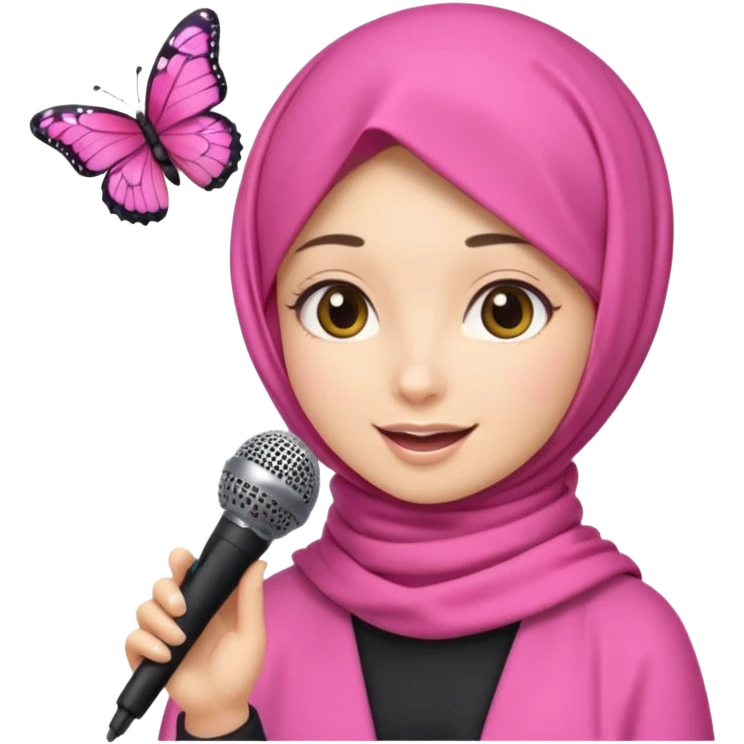 apple style emoji of a girl ASMR content creator in a modern pink hijab, butterfly hairclips on each side, holding a microphone, cheerful and welcoming emoji