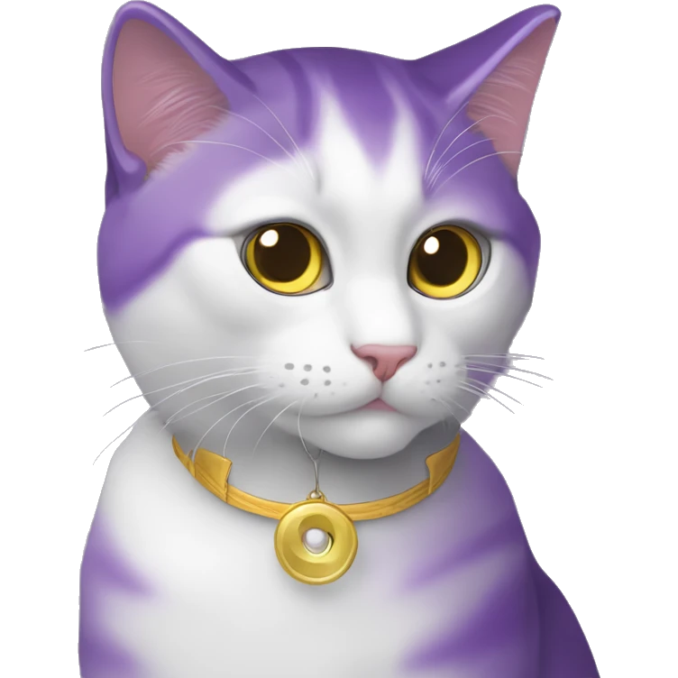 Un gato de color morado, ojos negros y pupilas blancas y un collar con una luna amarilla  emoji