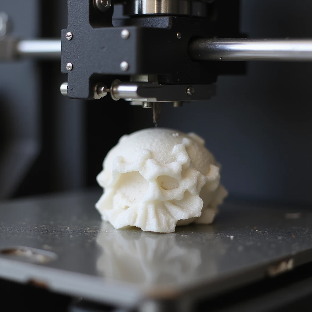 realistic 3D printer in action with a partially printed object emoji