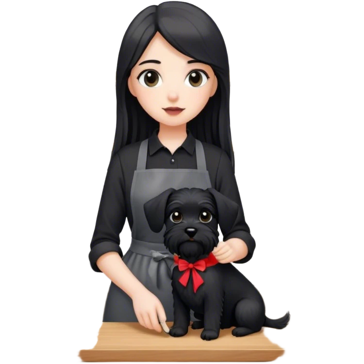 pale girl with long back hair wearing black long shirt wearing apron holding black  schnauzer emoji
