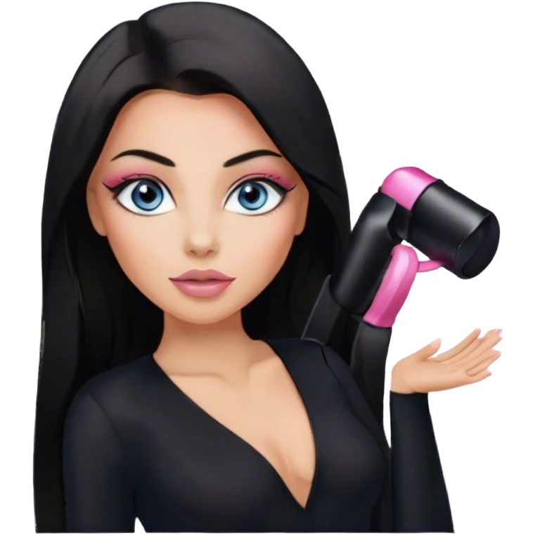 Glamours, tanned, beautiful, girl, with blue eyes, big pump peach-beige-rose lips, eyeliner, long lashes, black straight smooth silky long hair, parting hair in the middle,  in black v-neck bodysuit long sleeves emoji