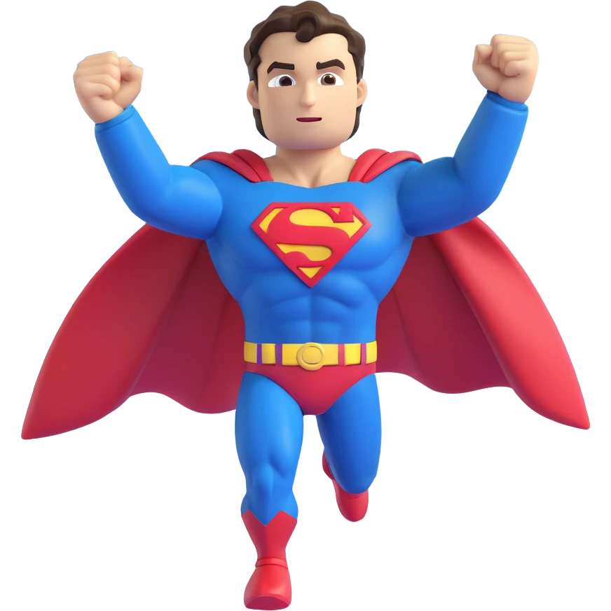 Superman as a 3D emoji, highly detailed and expressive, in a powerful flying pose, blue suit, red cape, yellow 'S' emblem, muscular, chiseled jaw, signature hair curl, dramatic clouds and sunlight, vibrant, shiny, high definition emoji