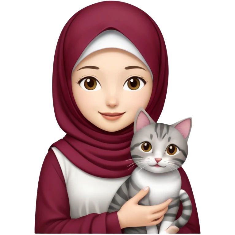 Asian white girl wearing  maroon hijab with white dress holding a black grey tabby cat while smiling emoji