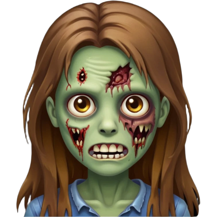 Girl zombie with brown long hair with teeth and serious face IOS style emoji