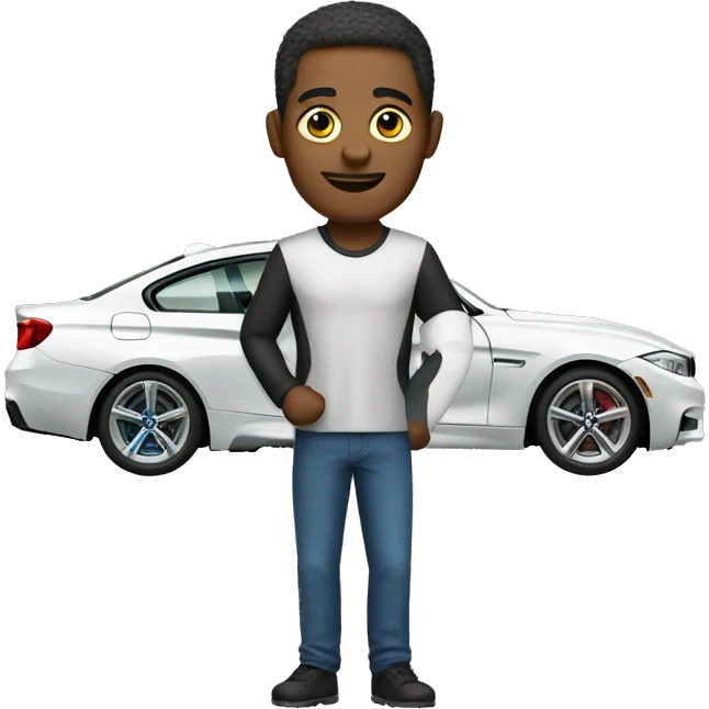 A man with a car behind him and a BMW emoji