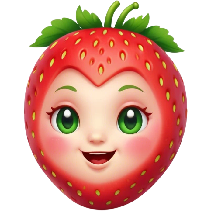 Cinematic plump happy strawberry, glossy bright red, tiny round eyes and blushing cheeks, green leafy top slightly tilted, cheerful and charming. emoji