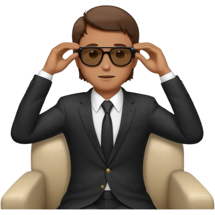 white man with brown hairs in formal suit wearing sunglasses resting with hands behind head emoji