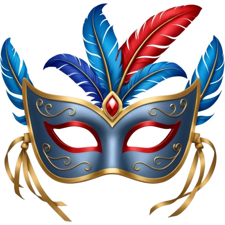 grey masquerade mask  with red and blue feathers emoji