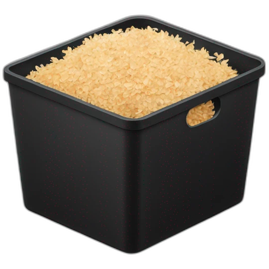 Black cubic plastic container with wood shavings inside, and a white tube with three branches at the top  emoji