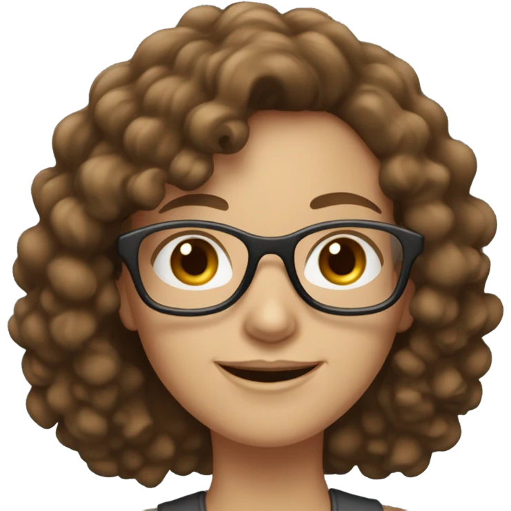 white skin woman with brown curly hair she has glasses and a smiley face emoji