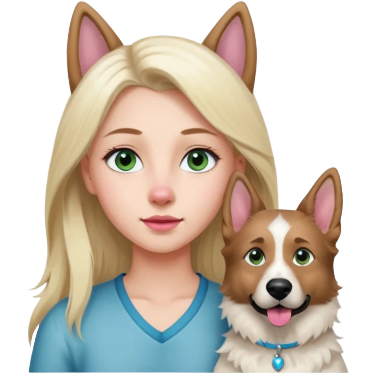 White European young woman with blue-green eyes and long blond hair with her white German Shepherd dog,the Dog hast a pink nose and short fur  and Brown eyes emoji