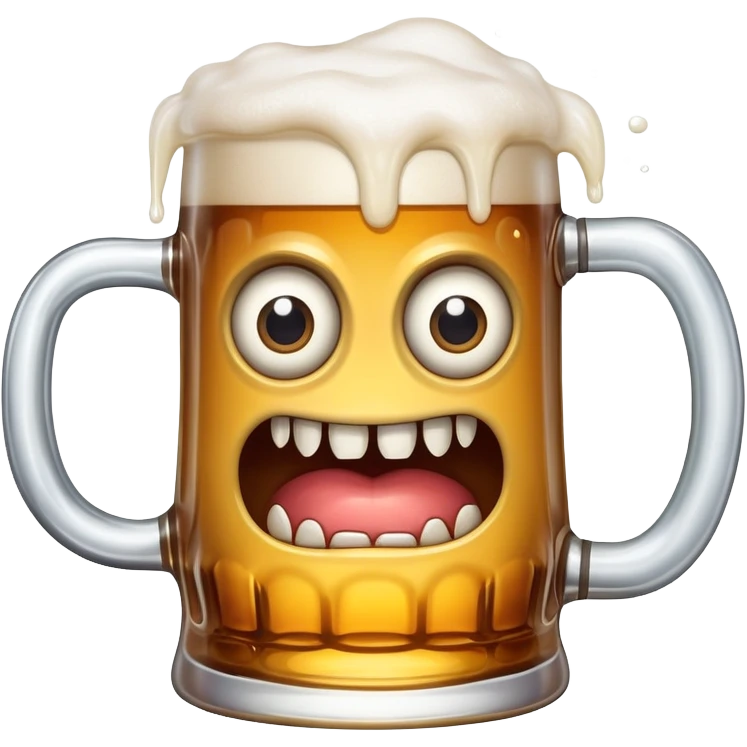 A wobbly beer tankard with eyes and teeth like a mimic monster, overflowing with beer emoji