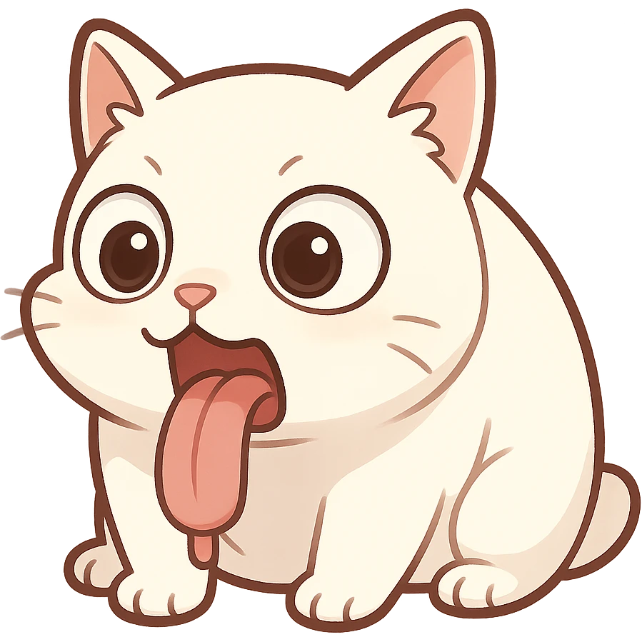 A white cat in a vomiting state with its tongue hanging out and its eyes bulging emoji