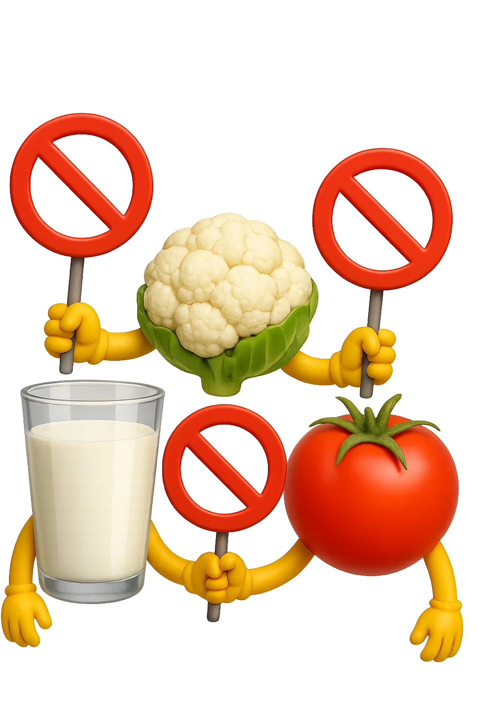 emoji stile iphone di un BICCHIERE DI LATTE CAVOLFIORE E POMODORO CHE FLUTTUANO IN ARIA VERTICALMENTE CON DIVIETI IN MANO, iperrealistico 4k, isolato su sfondo bianco emoji