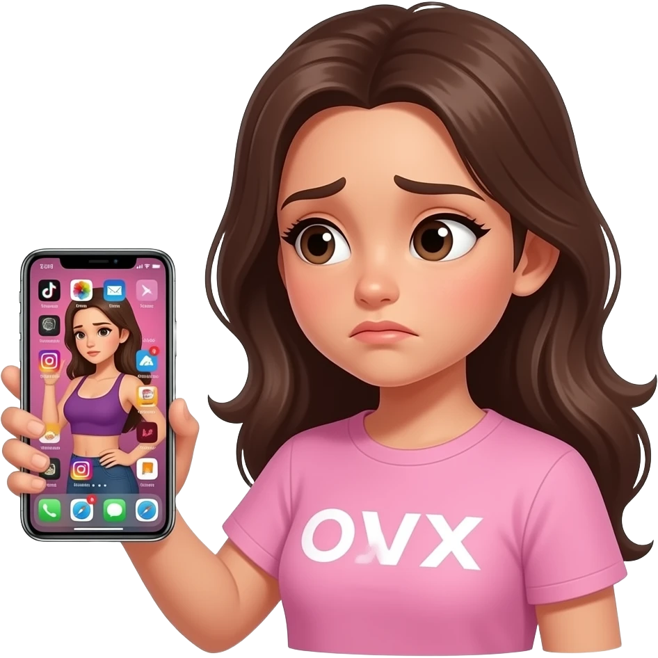 una chica viendo a una influencer  en su celular con un buen cuerpo  ,la chica esta triste y a su  alrededor hay app como  tiktok ,instagram y otras que dice por que yo no soy asi emoji