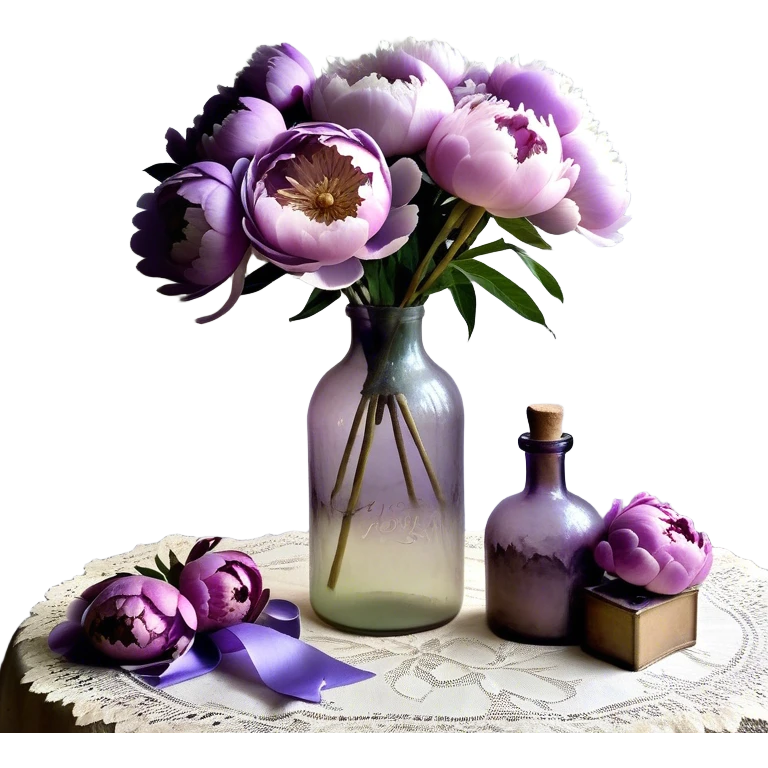 A vintage glass bottle with a slightly uneven surface holds a collection of pastel purple peonies, their petals unfolding in soft layers. A hand-dyed violet ribbon wraps around the neck of the bottle, its edges slightly frayed. Light passes through the dusty glass, casting shadows of overlapping petals onto a lace-covered table. A few loose petals rest nearby, their color fading toward the edges emoji
