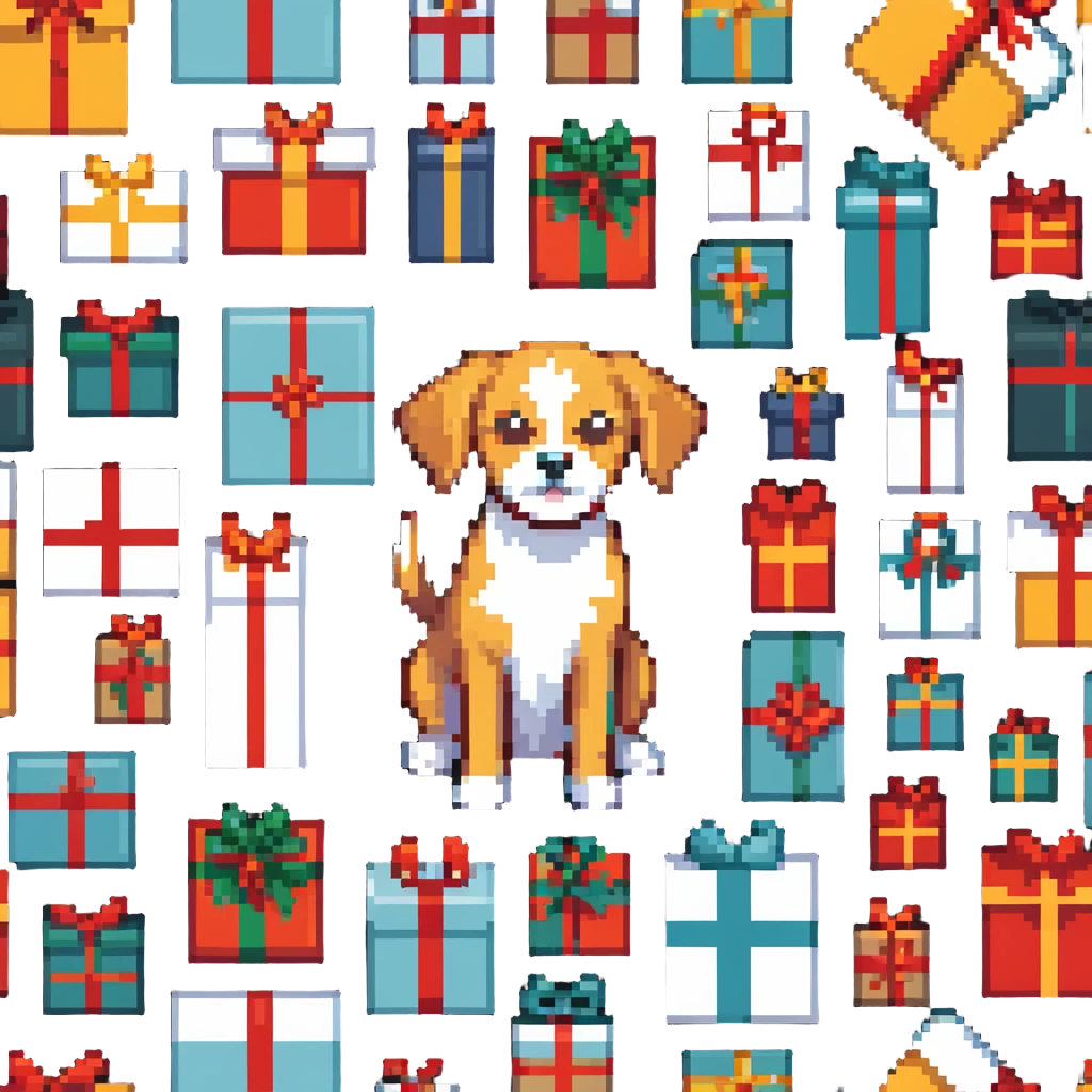 dog surrounded by gift boxes emoji