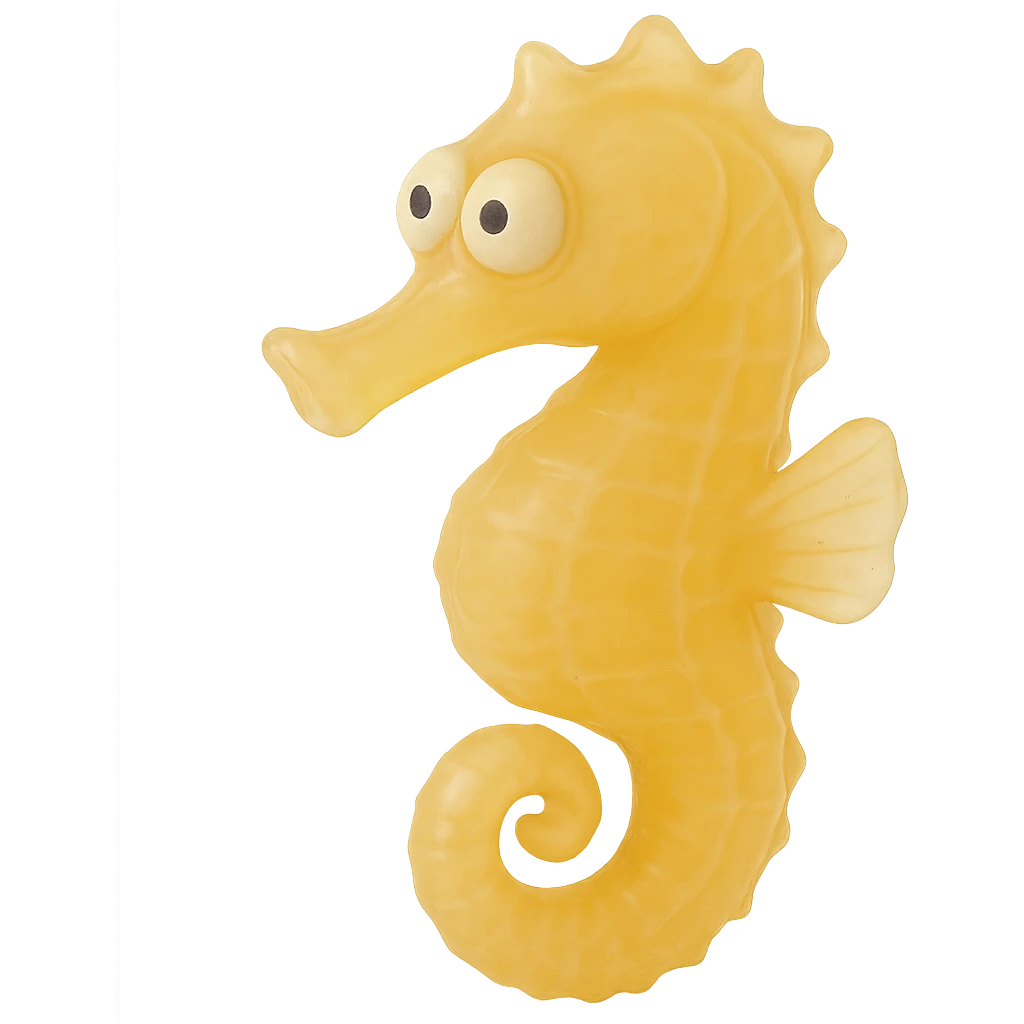 Make the seahorse a natural color (e.g., yellow or orange), more transparent and see-through, retro 90's toy style, derpy eyes, no tag, no background, soft plastic, soft reflections, soft and squishy, some cloudiness, not shiny, highly detailed, appealing. emoji