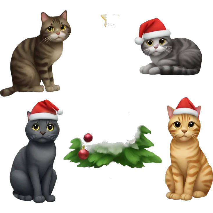 Four different cats sitting under a Christmas tree  emoji