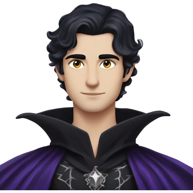 Rhysand has straight short blue-black hair, like a raven's feathers and violet/purple eyes with flecks of silver like starlight, he wears a black cloak and a black and silver crown emoji