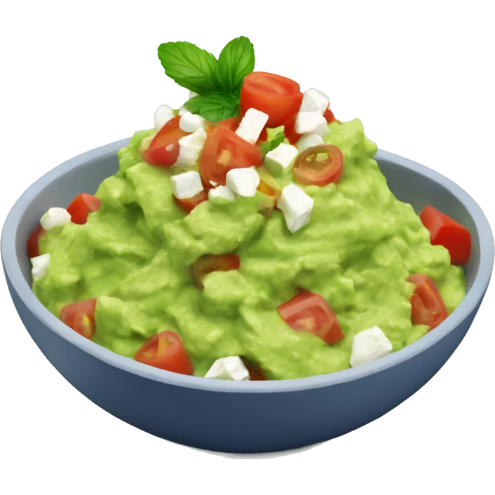 Bowl filled with Guacamole with diced tomato and feta chunks and a redbull  emoji