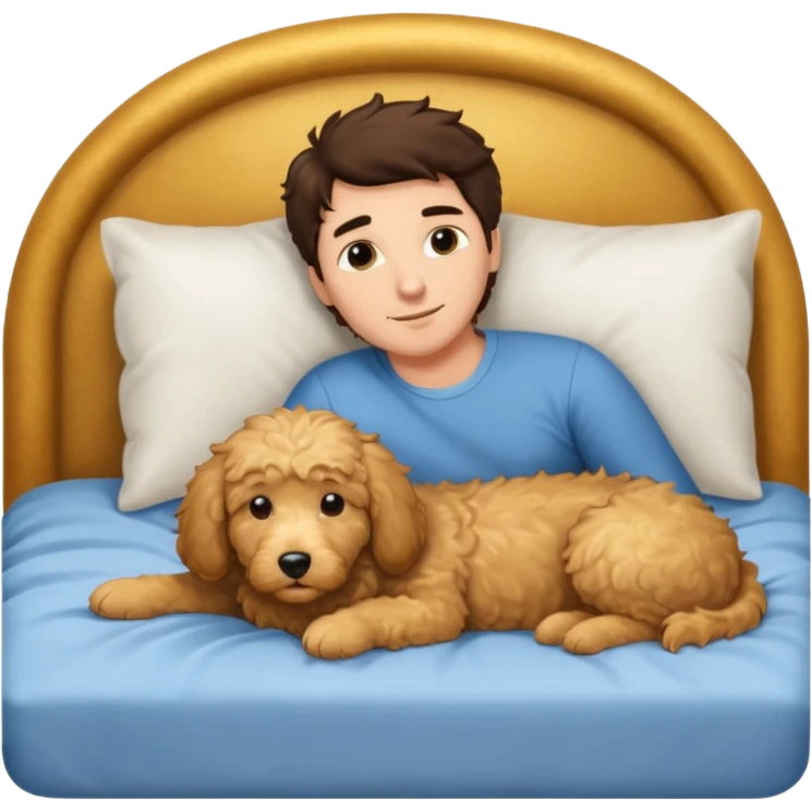 Brunette man laying in bed dreaming of golden doodle  emoji