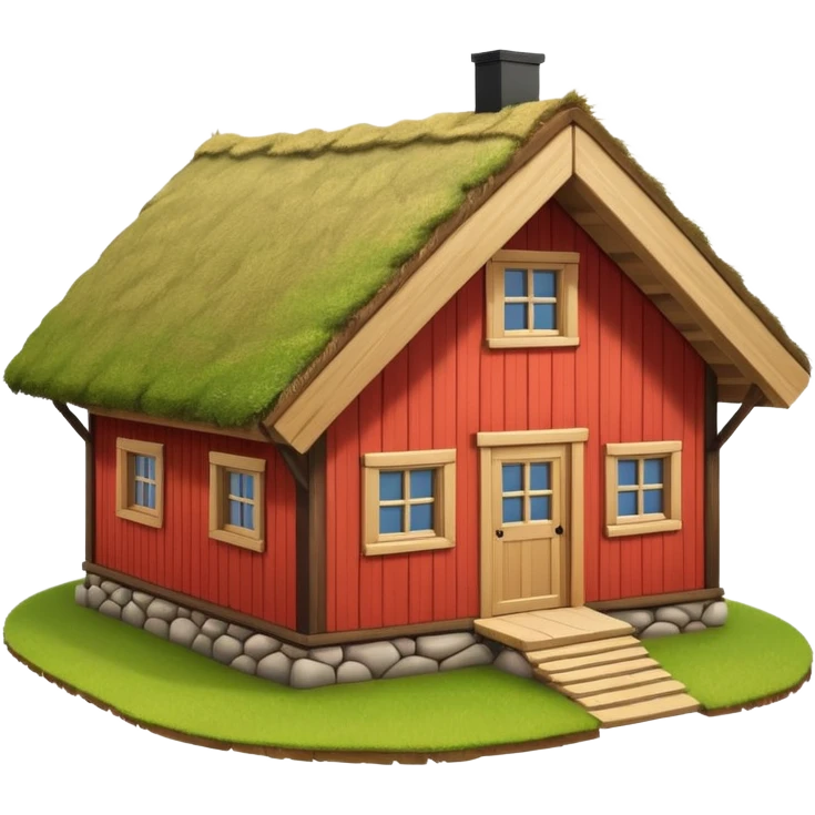 traditional Norwegian house with wooden walls, sod roof, minimal details, emoji style emoji