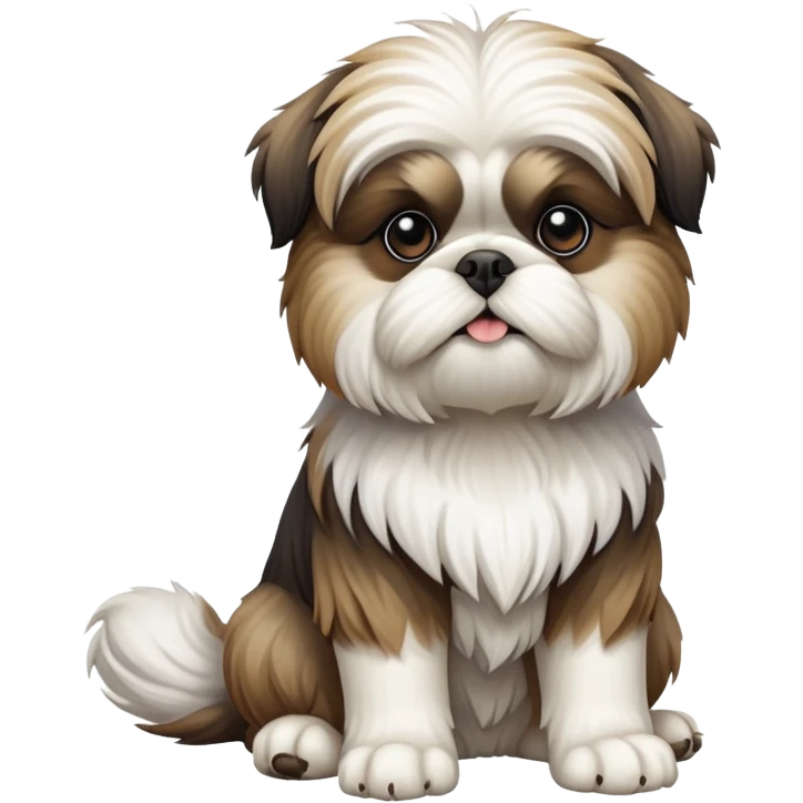 cinematic-[Shish tzu]-realistic-full-body-sitting-emoji,-tail-resting-loosely-beside-its-paws,-head-tilted-dramatically, -scruffy-[white]-fur,-simplified-yet-realistic-focused-features,-highly-detailed,-glowing-with-an-almost-sarcastic-glow emoji