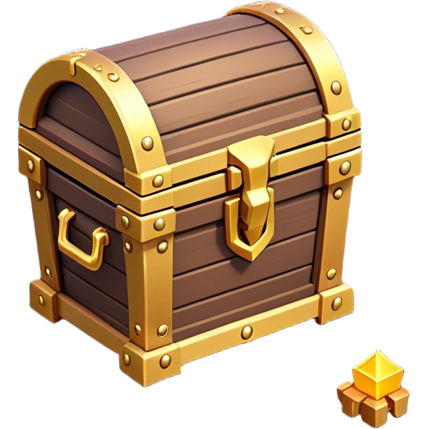 Clash of Clans aesthetic: Cinematic Playful 3D Isometric Treasure Chest Emoji, rendered in a 3D vector-style similar to standard emojis with minimal shading and bold, simplified shapes. A compact, distinct form with signature details, softly glowing with a fantasy RPG magic charm. Simplified yet unmistakably iconic, highly detailed and consistent, glowing with a soft radiance and high shine. Stylized with a touch of heroic grandeur and a soft glowing outline, capturing the essence of a beloved gaming relic with a friendly, playful manner! emoji