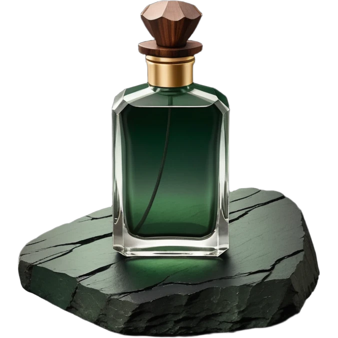 A masculine fragrance bottle featuring a gradient of deep forest green to charred black glass. The cap is made of dark walnut wood. The bottle is placed on a jagged piece of slate rock with a faint mist in the background. Earthy, moody, textured, photorealistic. emoji