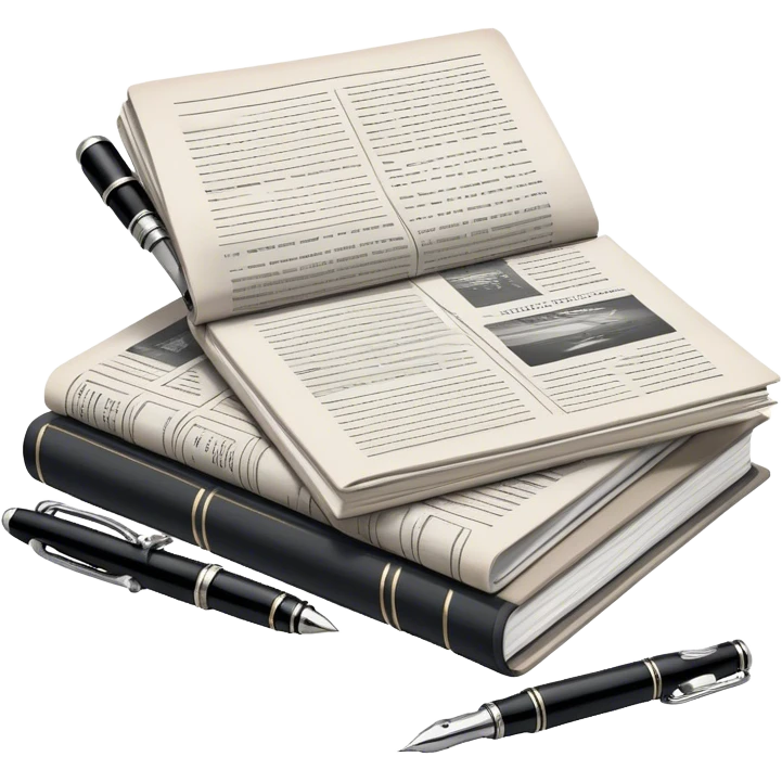 Create an emoji representing journalism and publicistic writing. The design should feature a stack of newspapers, an open notebook, and a single classic fountain pen placed on top of the notebook, symbolizing the act of writing. The scene should convey a sense of professionalism and thoughtful analysis. Use a neutral and professional color palette, with black, white, and muted tones. Do not include any emojis or smiley faces. Make the background transparent. emoji