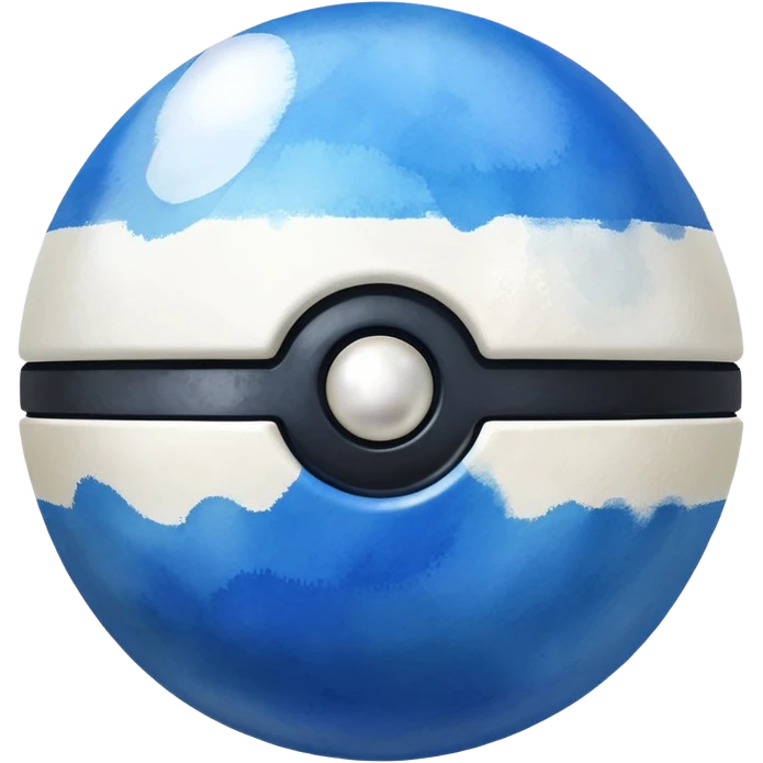 blue pokeball emoji, top half is a more saturated blue, bottom half is white, black stripe, with a white sheen, with a pearlescent finish, with a watercolor effect emoji