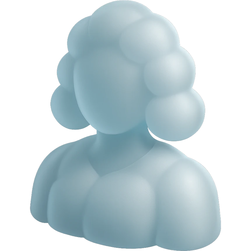 faceless person, facing straight, fully composed of white fluffy convex clouds, shoulder length, no shadows, matte glass style emoji