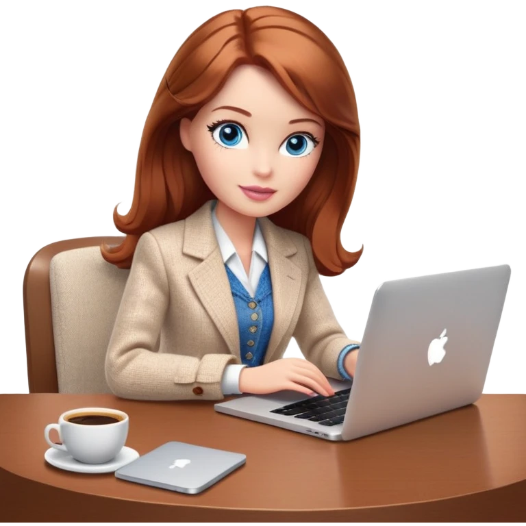 A Barbie girl with blue eyes, shoulder-length reddish-brown hair, made-up, wearing a white tweed jacket and beige skirt, is sitting at a table with a MacBook and a cup of coffee emoji