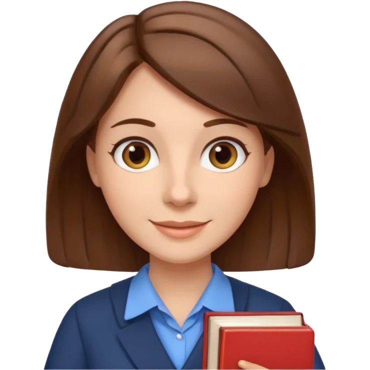 teacher with brown hair holding books, cheerful emoji